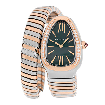 Bulgari Stainless Steel 18K Rose Gold Diamond Bezel 35mm Serpenti Tubogas Quartz Watch Green 1 of 5