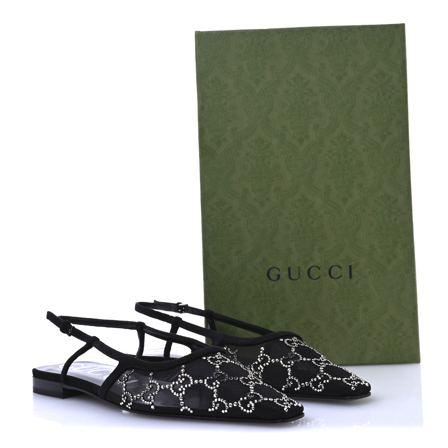 Tela Retino Kid Scamosciato Crystal GG Monogram Square Demi Ballet Flats 37.5 Black