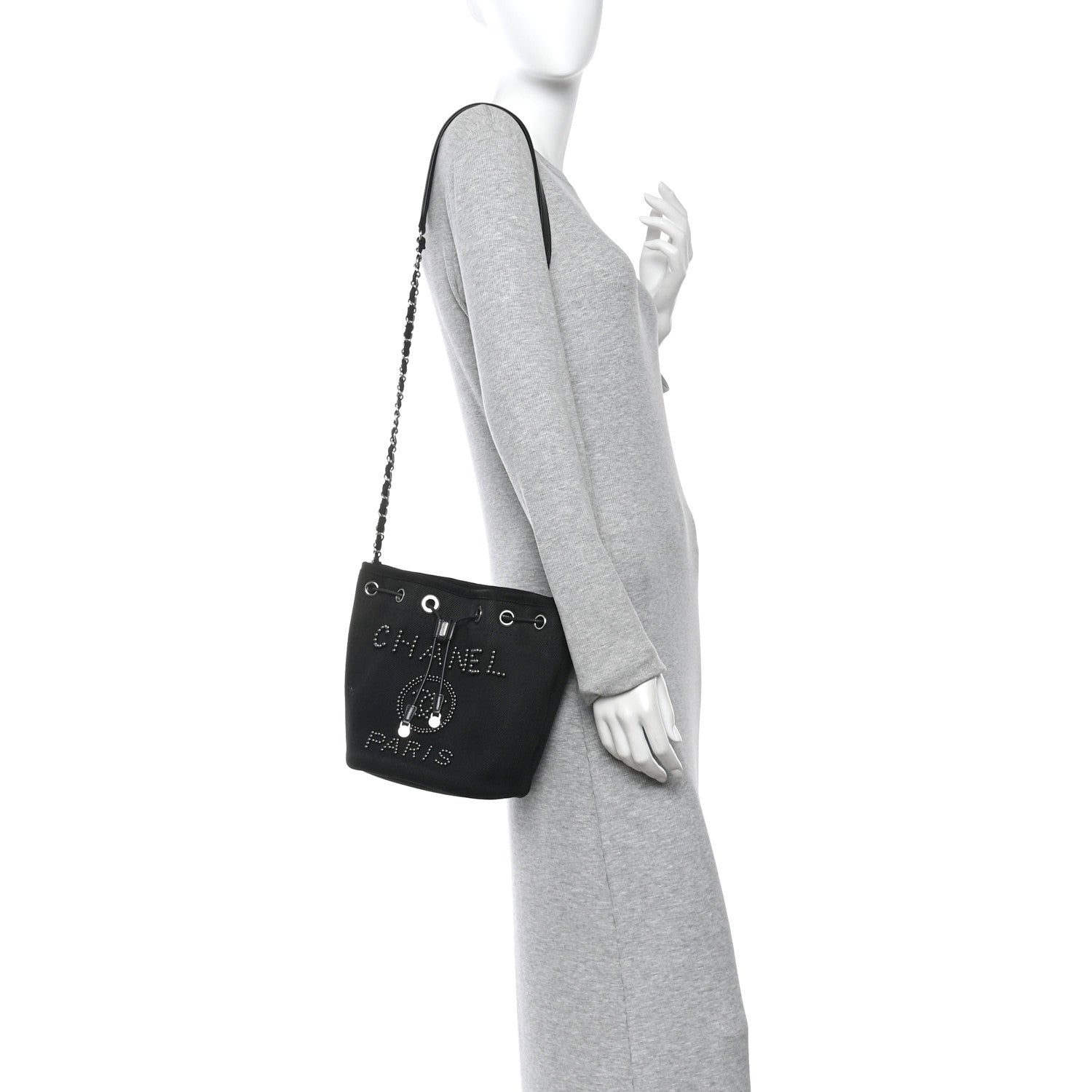 Chanel Canvas Deauville Drawstring Bucket Bag Black 1863744