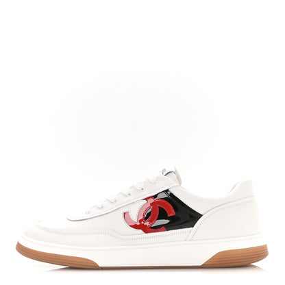 Chanel Calfskin Patent Calfskin Mens CC Sneakers 44 White Black Red 1 of 9