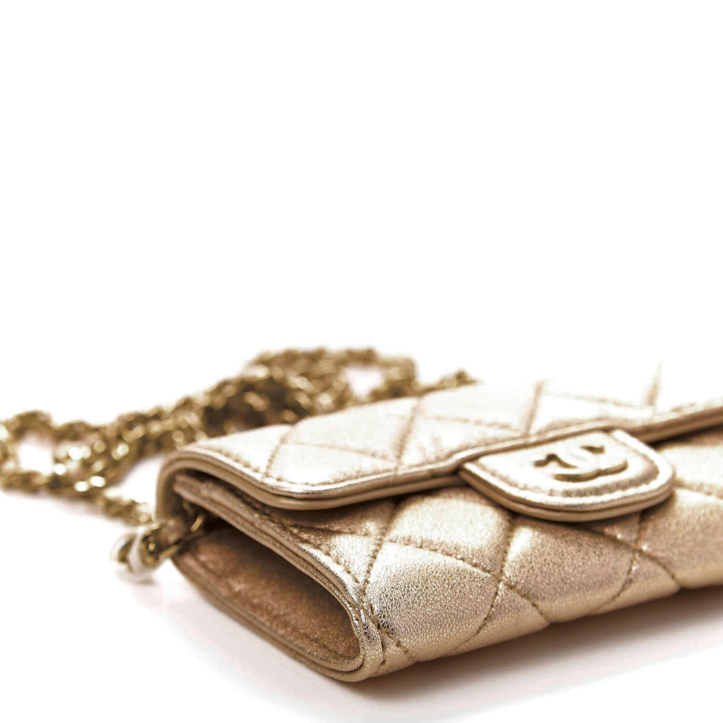 Metallic Lambskin Quilted Flap Chain Waist Bag Gold