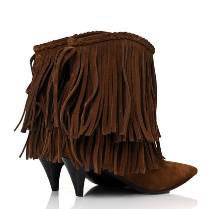 Saint Laurent Suede Fringe Charlotte Ankle Boots 35 Tan 4 of 8