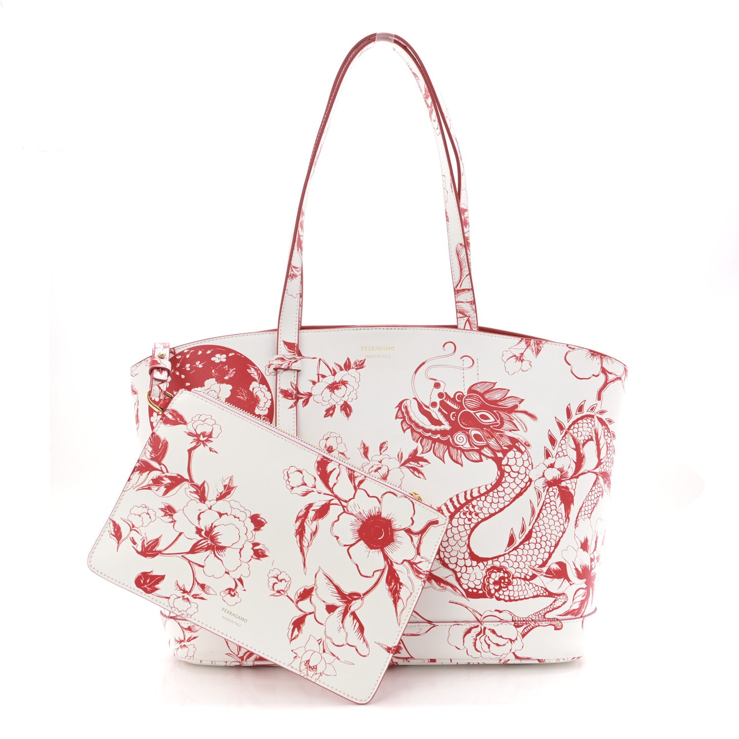 Calfskin Floral Dragon Print Tote White Red