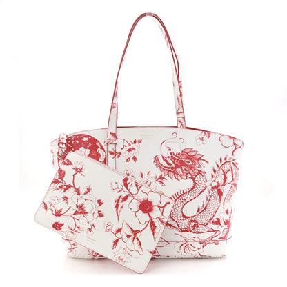 Salvatore Ferragamo Calfskin Floral Dragon Print Tote White Red 3 of 12