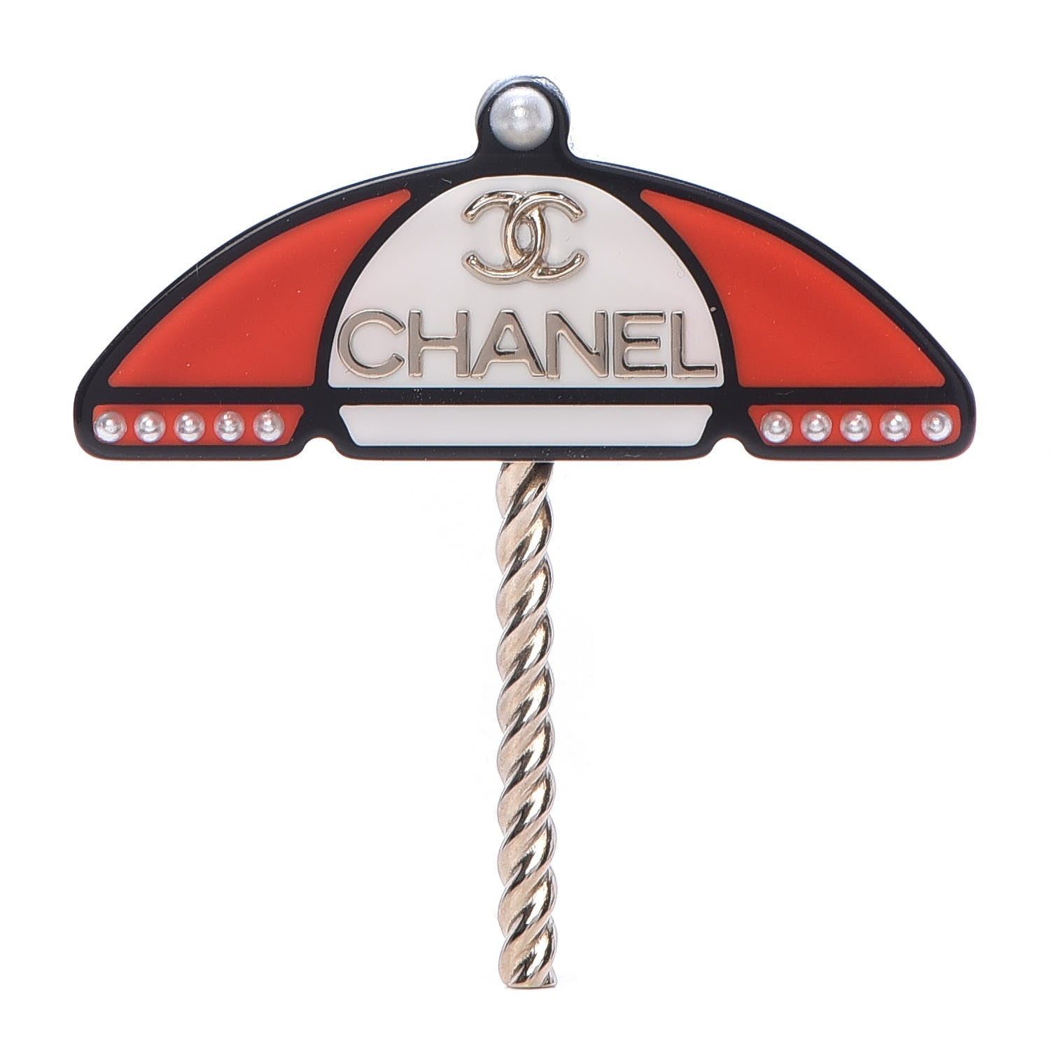 Chanel Resin Pearl Umbrella Brooch Gold Red White 1 of 4