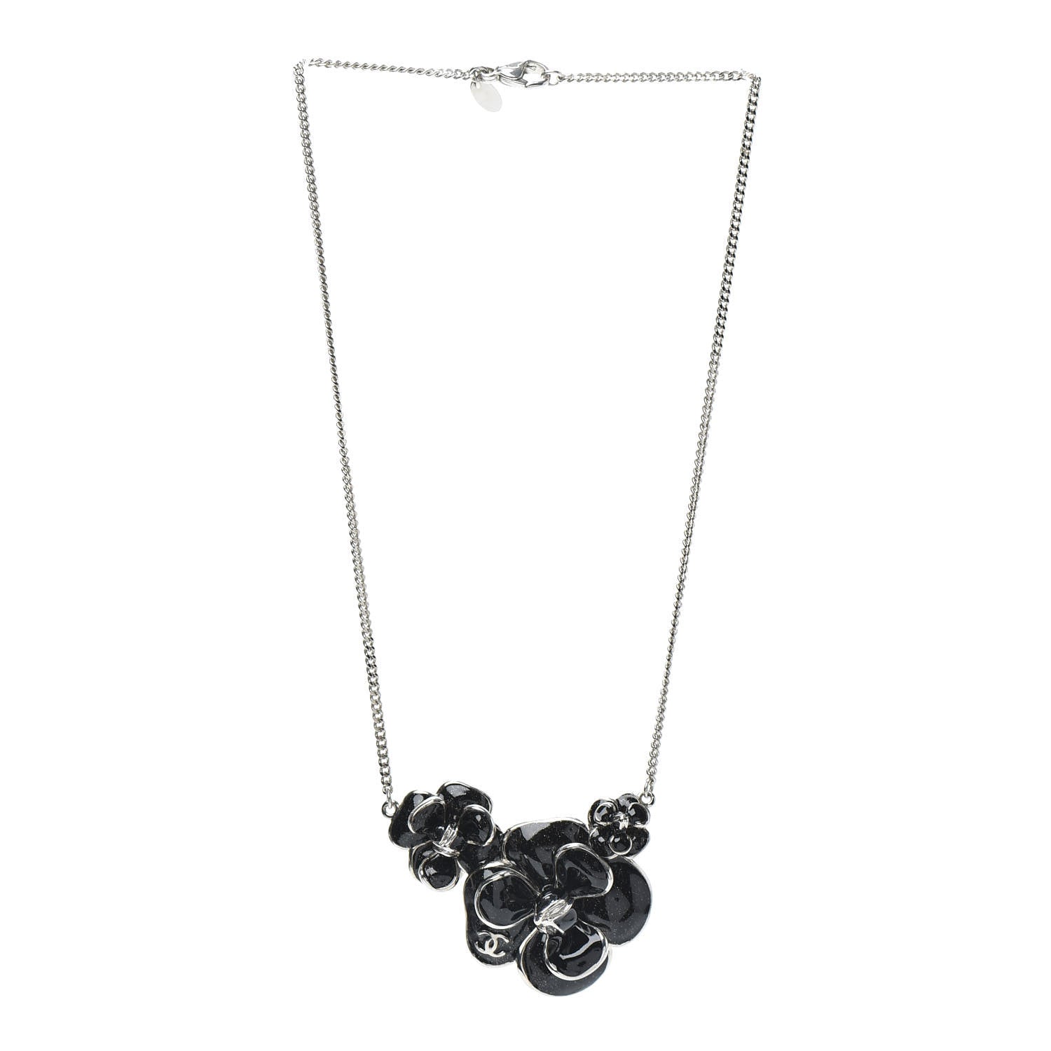 Chanel Enamel CC Camellia Necklace Silver Black 3 of 4