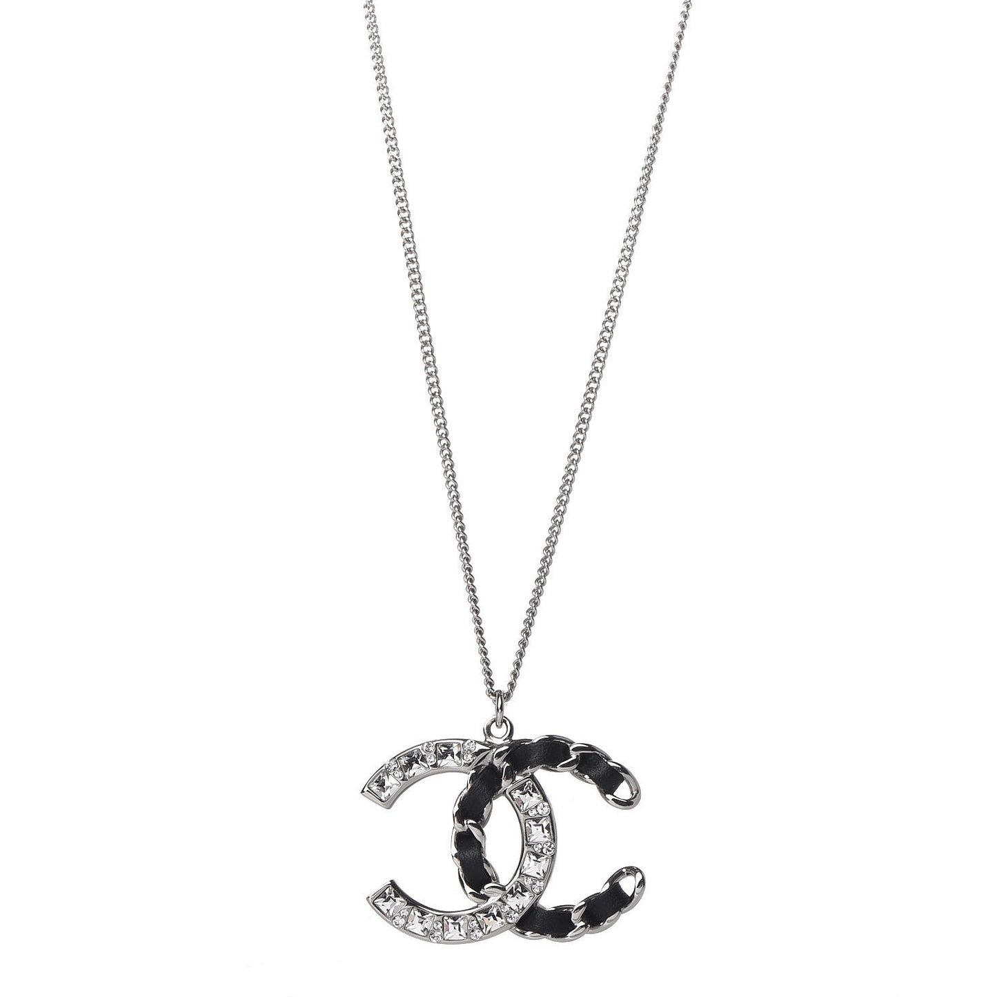 Lambskin Baguette Crystal CC Necklace Black Silver