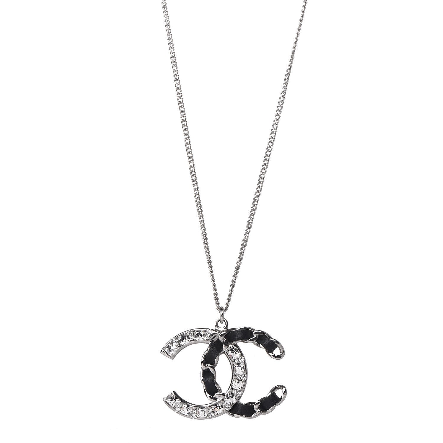Chanel Lambskin Baguette Crystal CC Necklace Black Silver 1 of 6