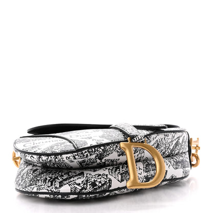 Christian Dior Calfskin Plan De Paris Printed Saddle Bag With Strap White Black 4 of 12
