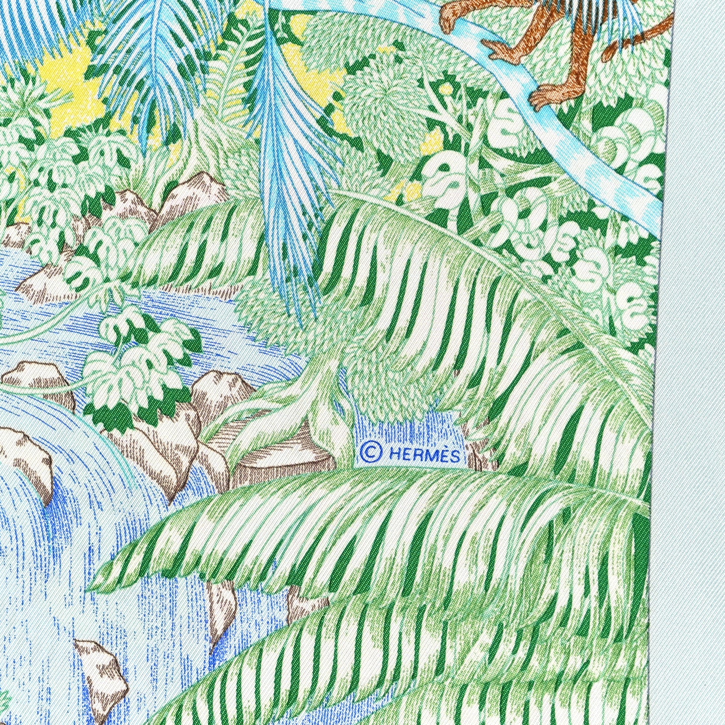 Silk Twill Faubourg Tropical Scarf 90 Bleu Vert Jaune