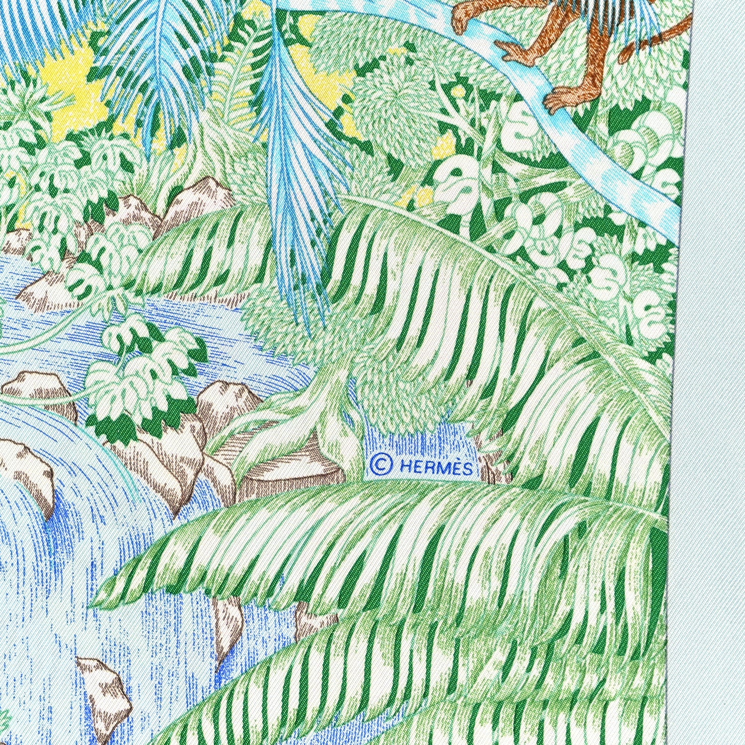 Hermes Silk Twill Faubourg Tropical Scarf 90 Bleu Vert Jaune 4 of 5