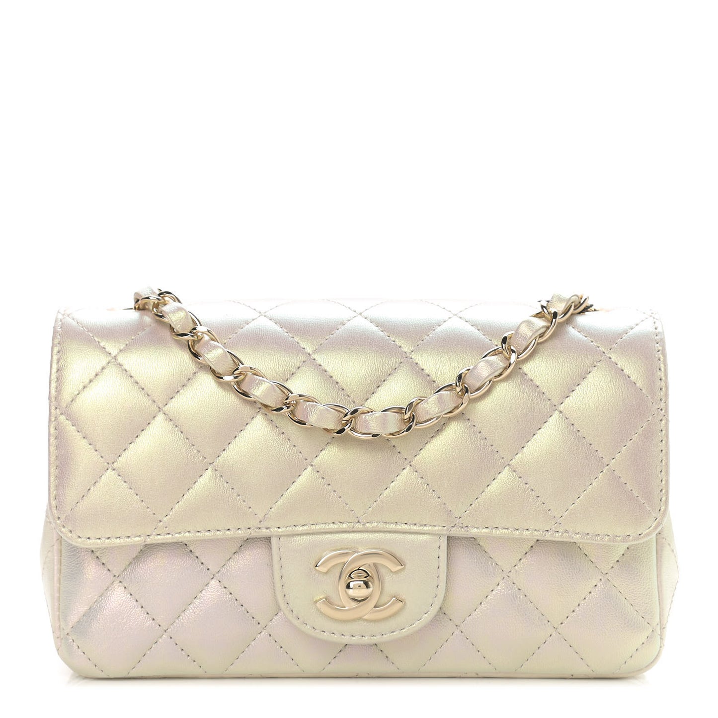 Iridescent Lambskin Quilted Mini Rectangular Flap Ivory