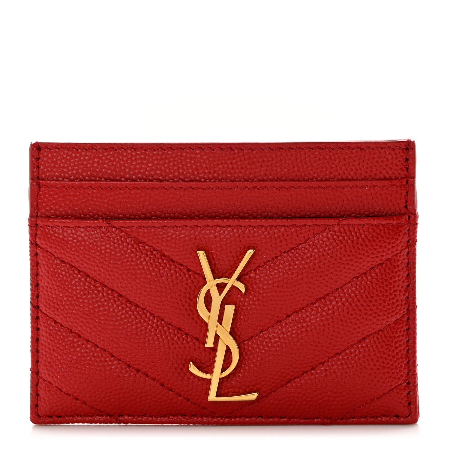 Saint Laurent Grain De Poudre Matelasse Chevron Monogram Credit Card Case New Red 1 of 7