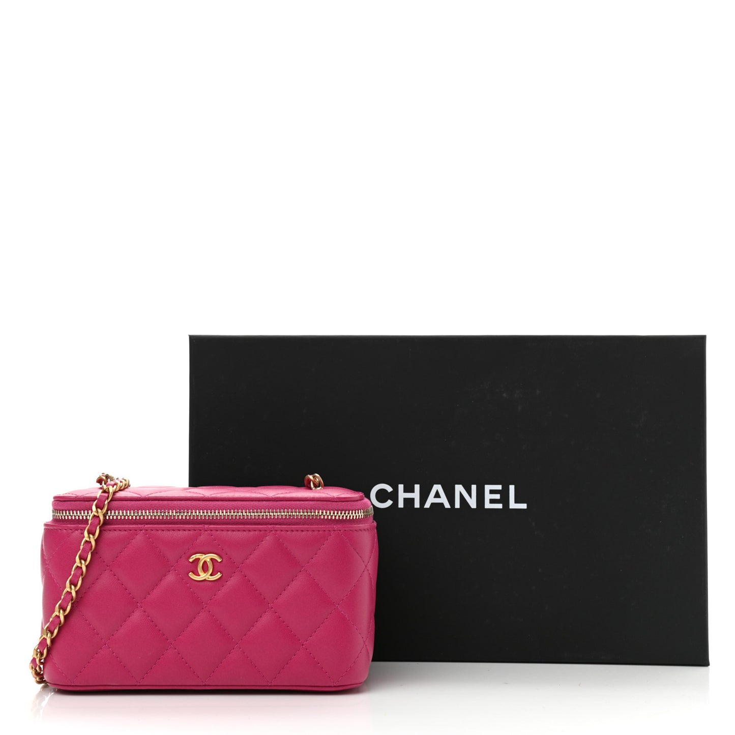 Lambskin Quilted Small Pearl Crush Vanity Case With Chain Fuchsia