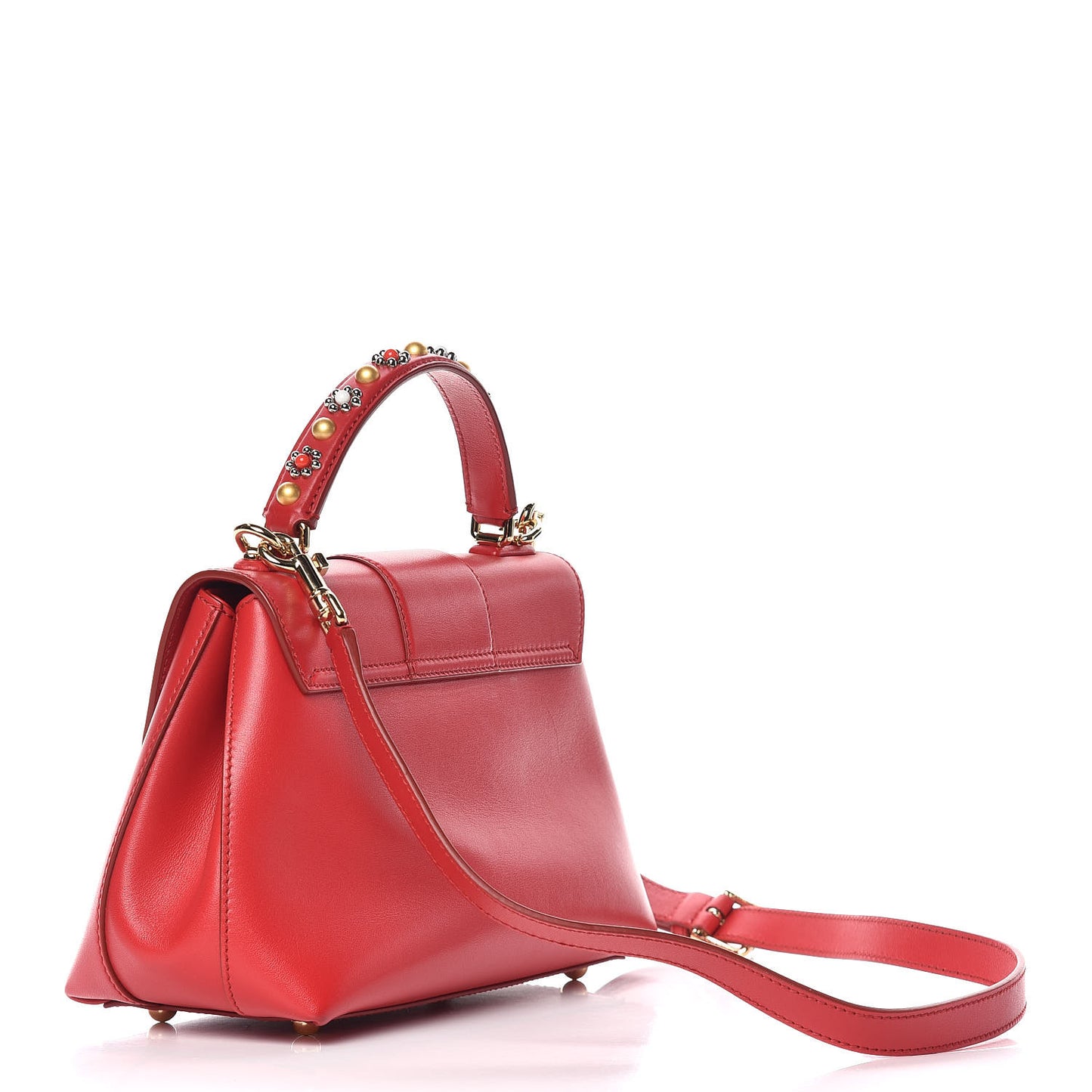 Calfskin Embellished Small Lucia Top Handle Bag Rosso
