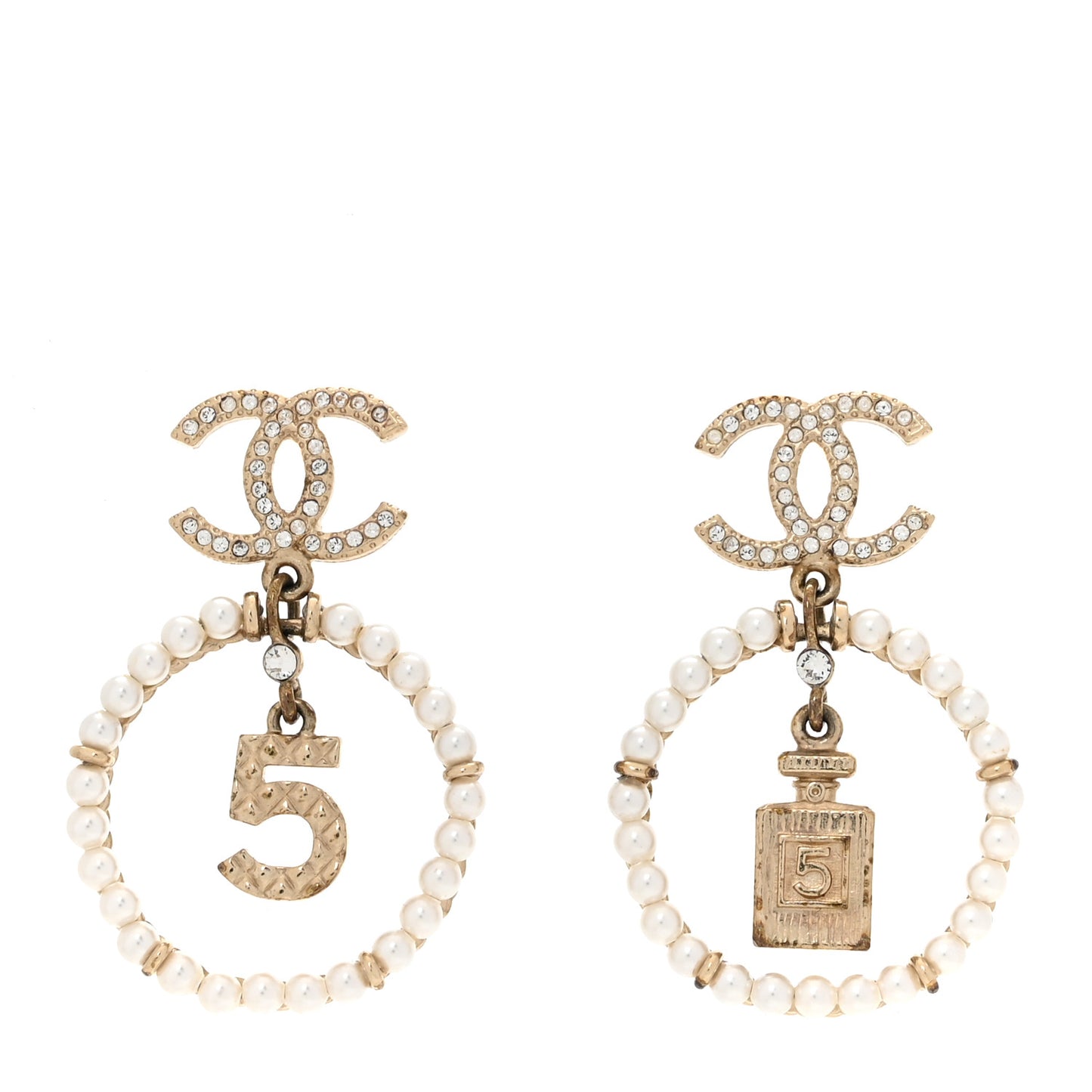 Crystal Pearl Chanel Charms CC Drop Earrings Gold