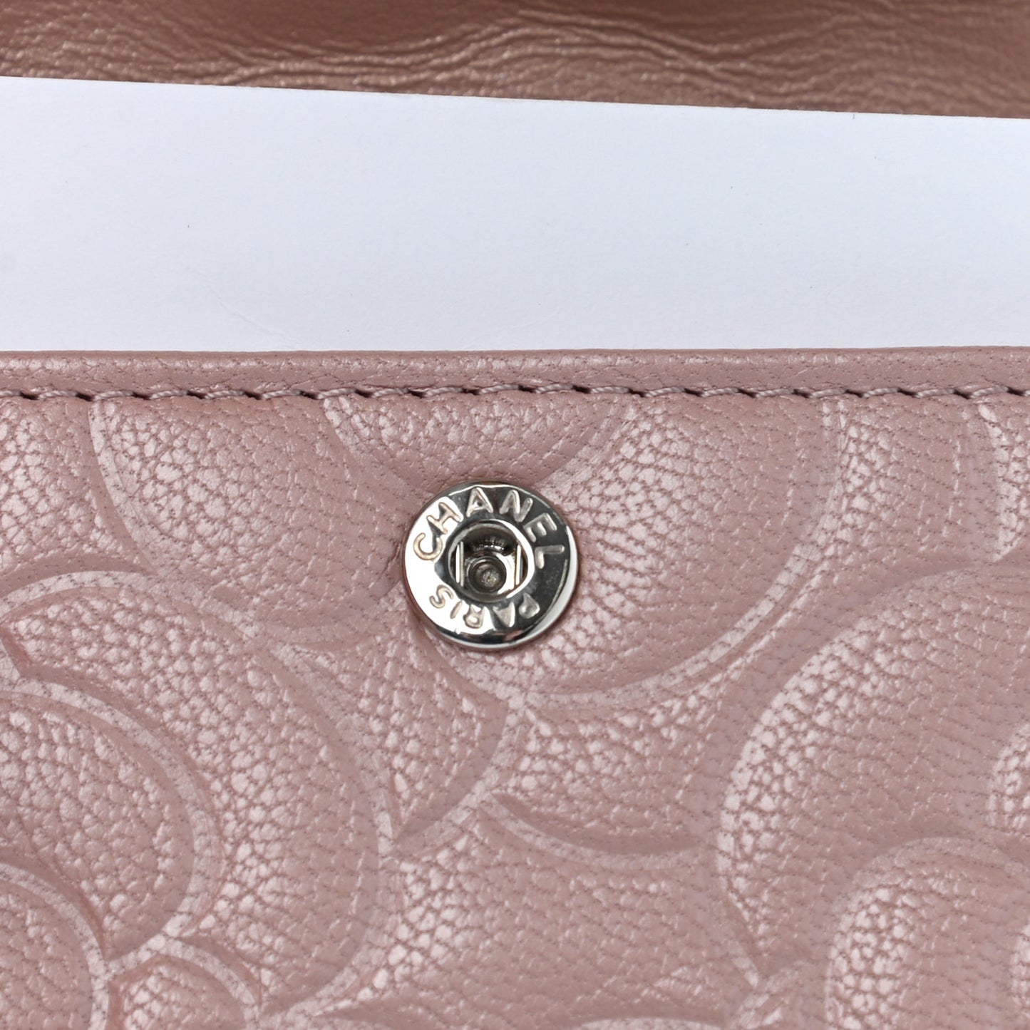 Goatskin Camellia Embossed Card Holder Wallet Light Pink