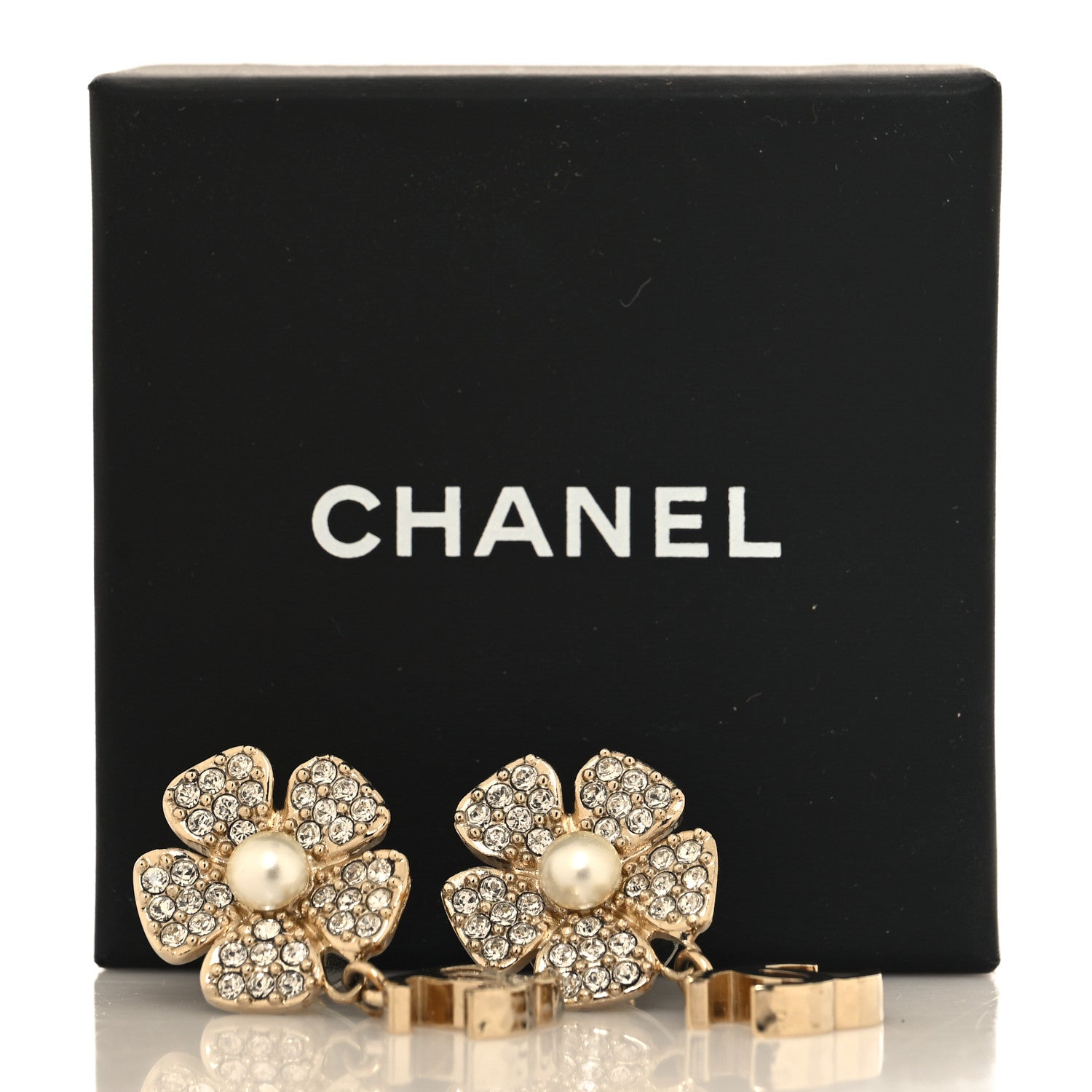 Chanel Metal Pearl Crystal CC Flower Drop Earrings Gold White 5 of 5