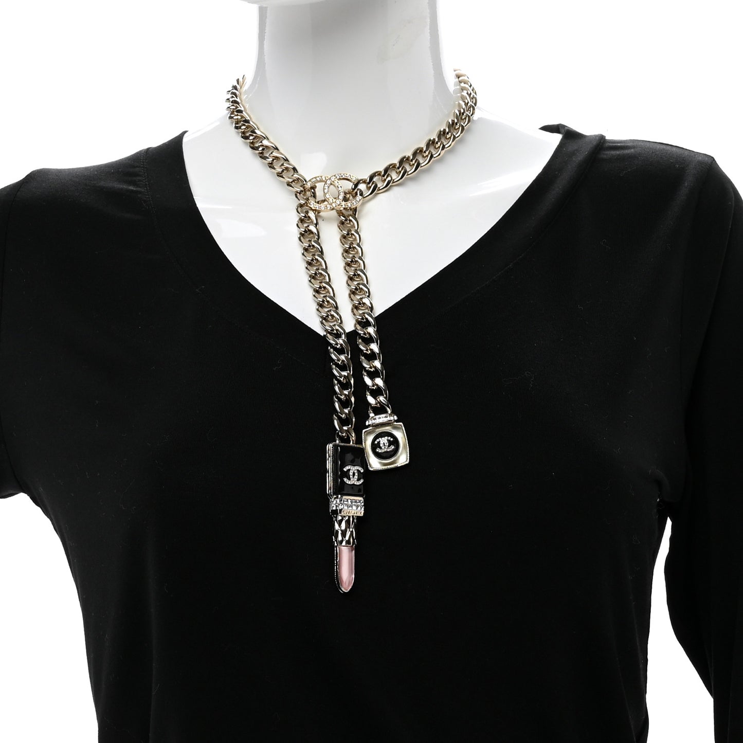 Metal Strass Pearl Lipstick Necklace Pink Gold