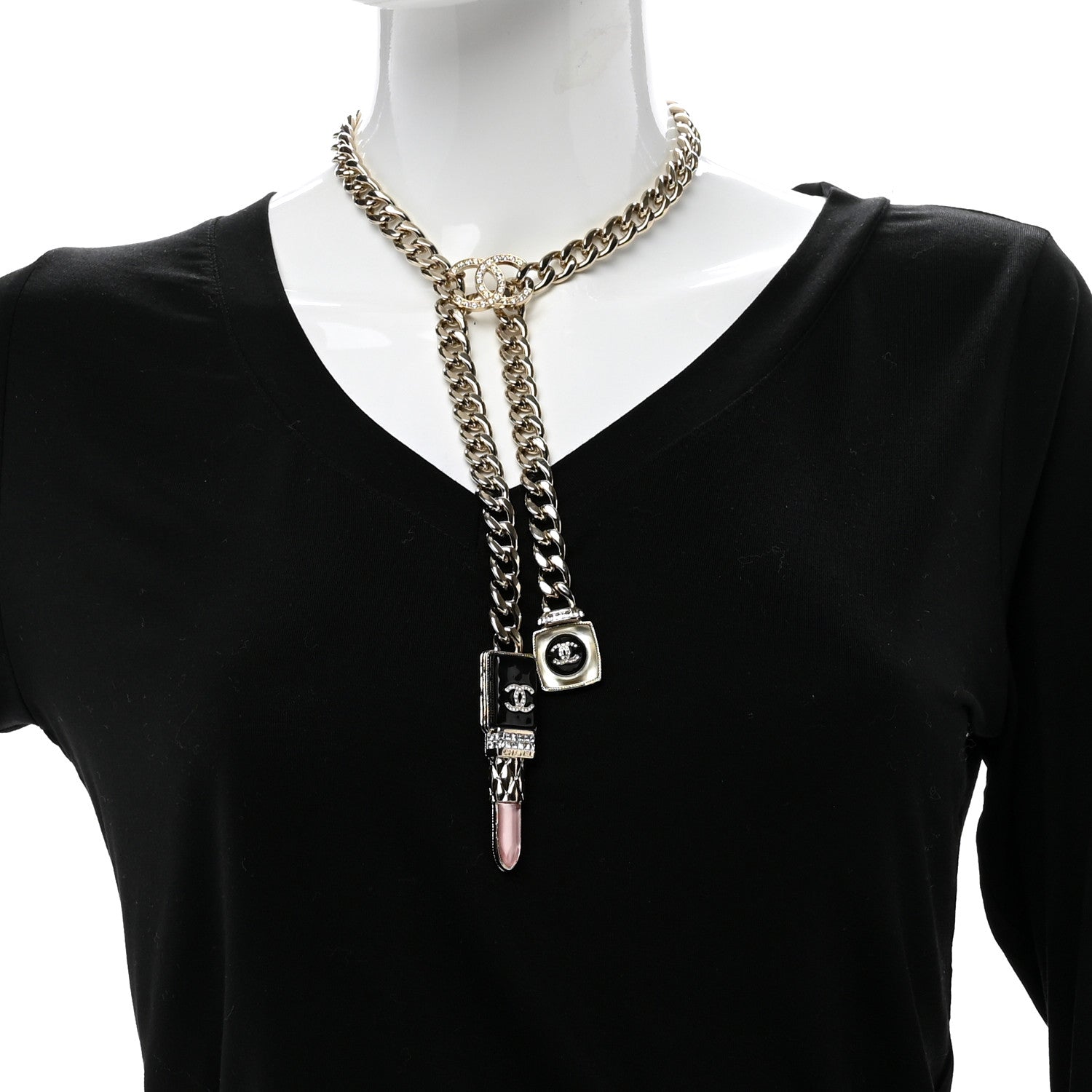 Chanel Metal Strass Pearl Lipstick Necklace Pink Gold 2 of 4