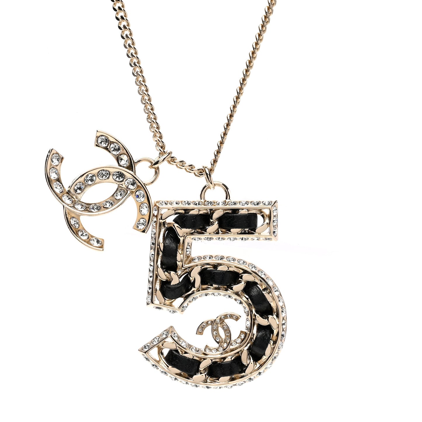 Lambskin Crystal CC Number 5 Pendant Necklace Gold Black