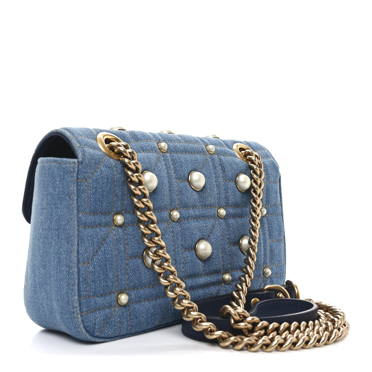 Gucci Denim Matelasse Pearl Studded Mini GG Marmont Shoulder Bag Blue 3 of 9