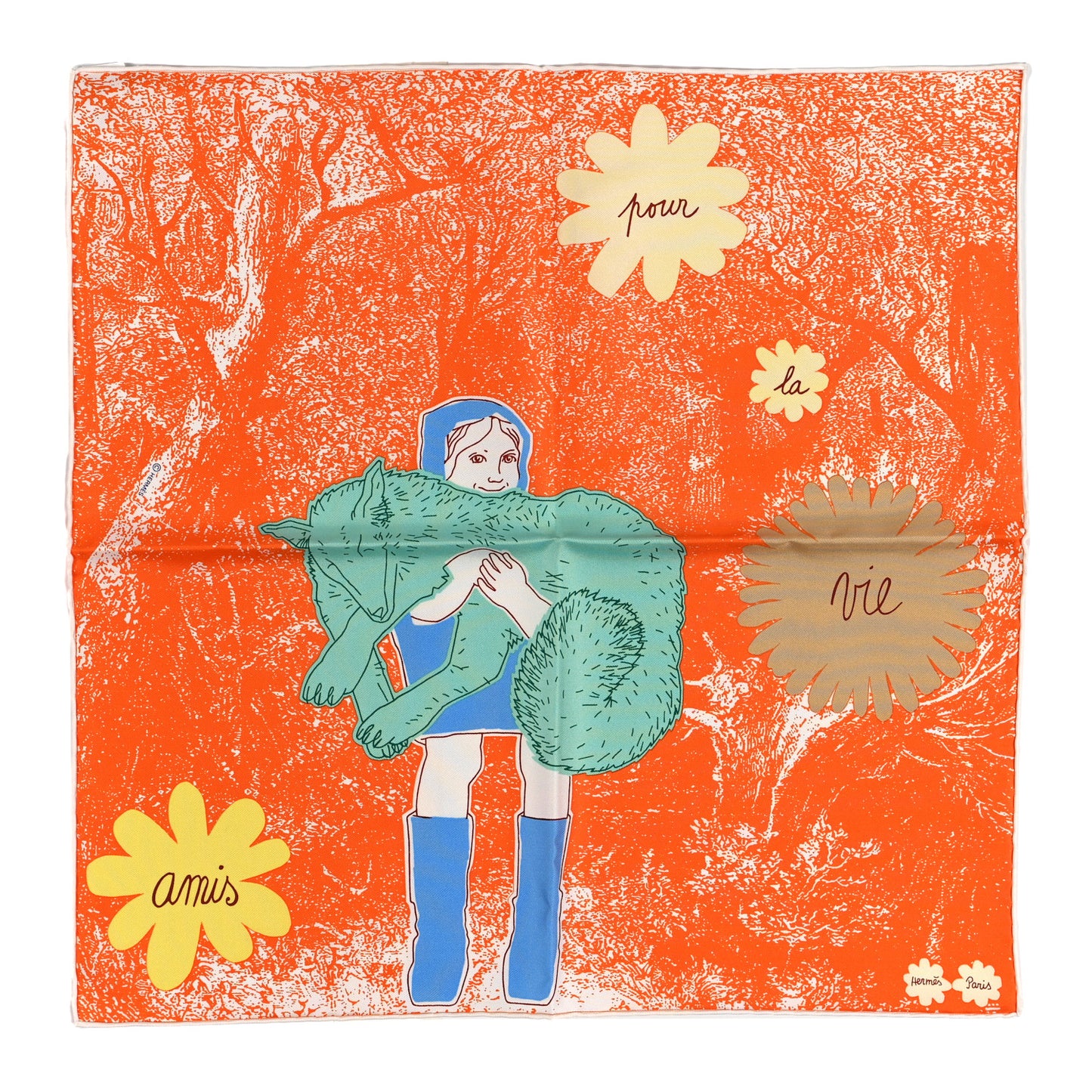Silk Gavroche Amis Pour La Vie Pocket Square Scarf Orange Bleu Vert