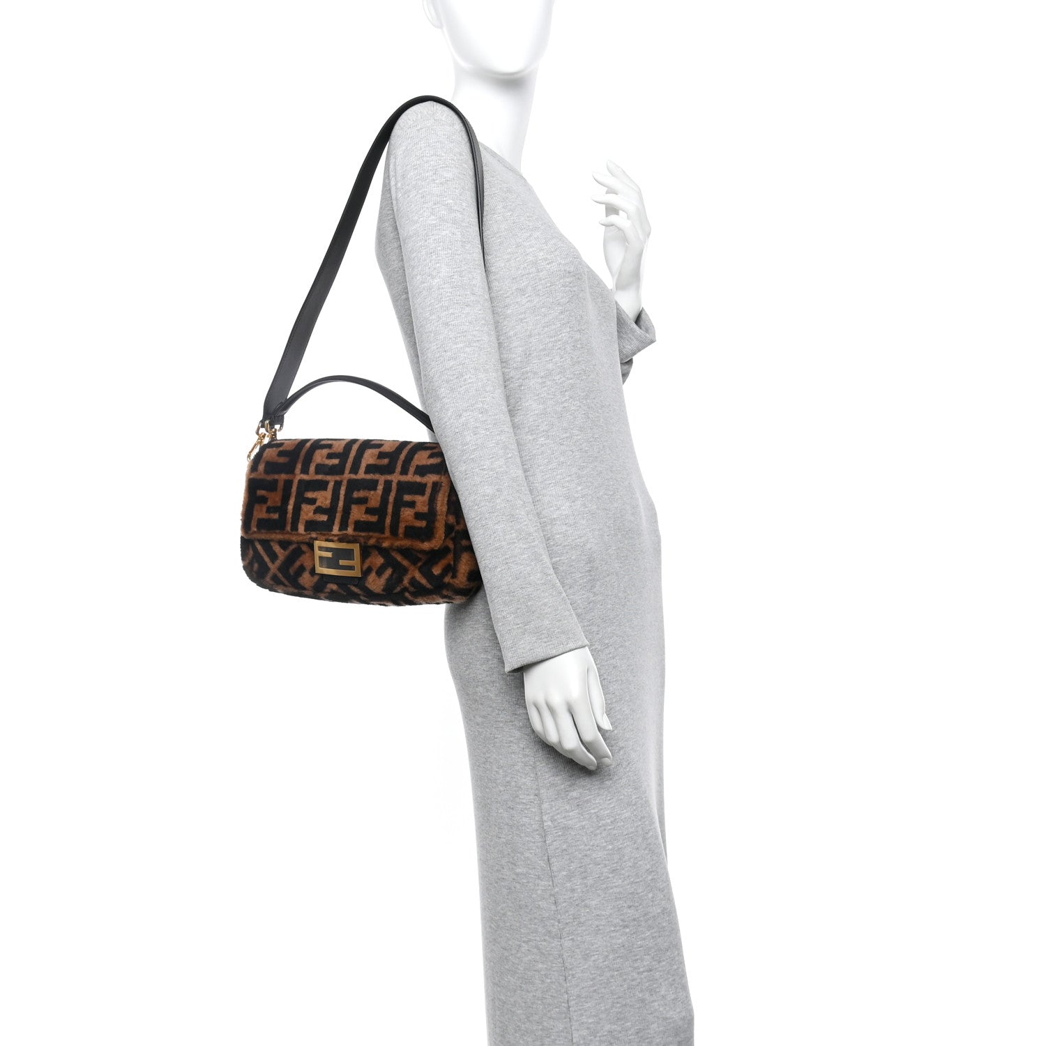 Fendi Shearling Vitello Dolce Macro FF 1974 Baguette Tobacco Black 2 of 10