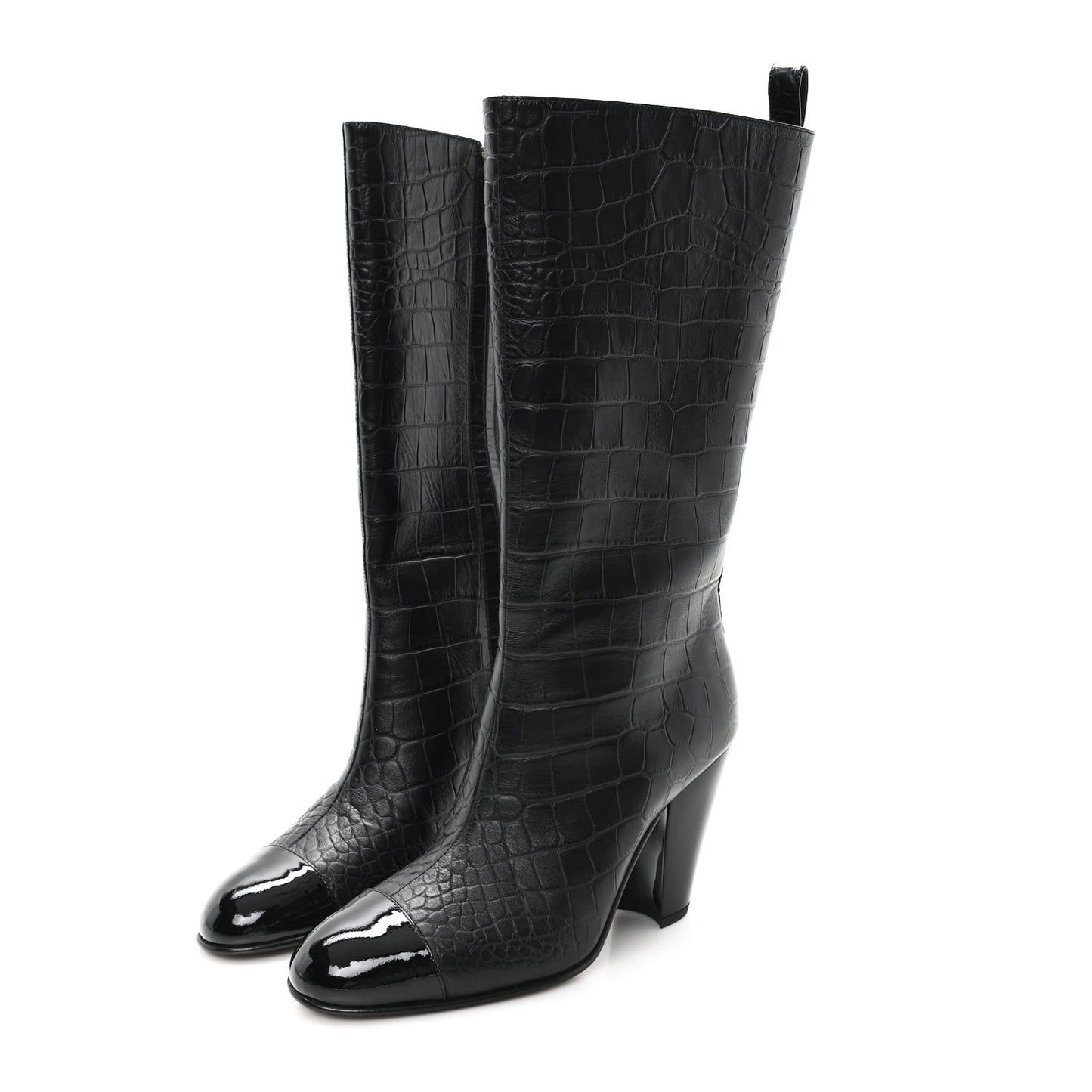 Calfskin Crocodile Embossed Cap Toe High Boots 38 Black