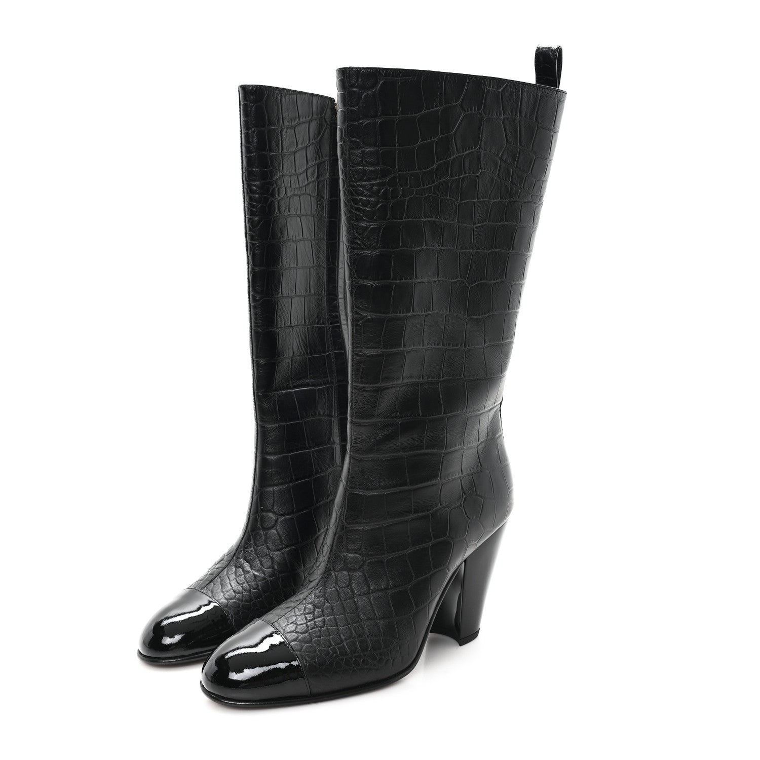 Chanel Calfskin Crocodile Embossed Cap Toe High Boots 38 Black 4 of 10