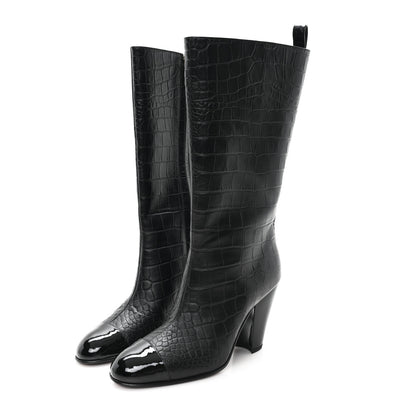 Chanel Calfskin Crocodile Embossed Cap Toe High Boots 38 Black 4 of 10