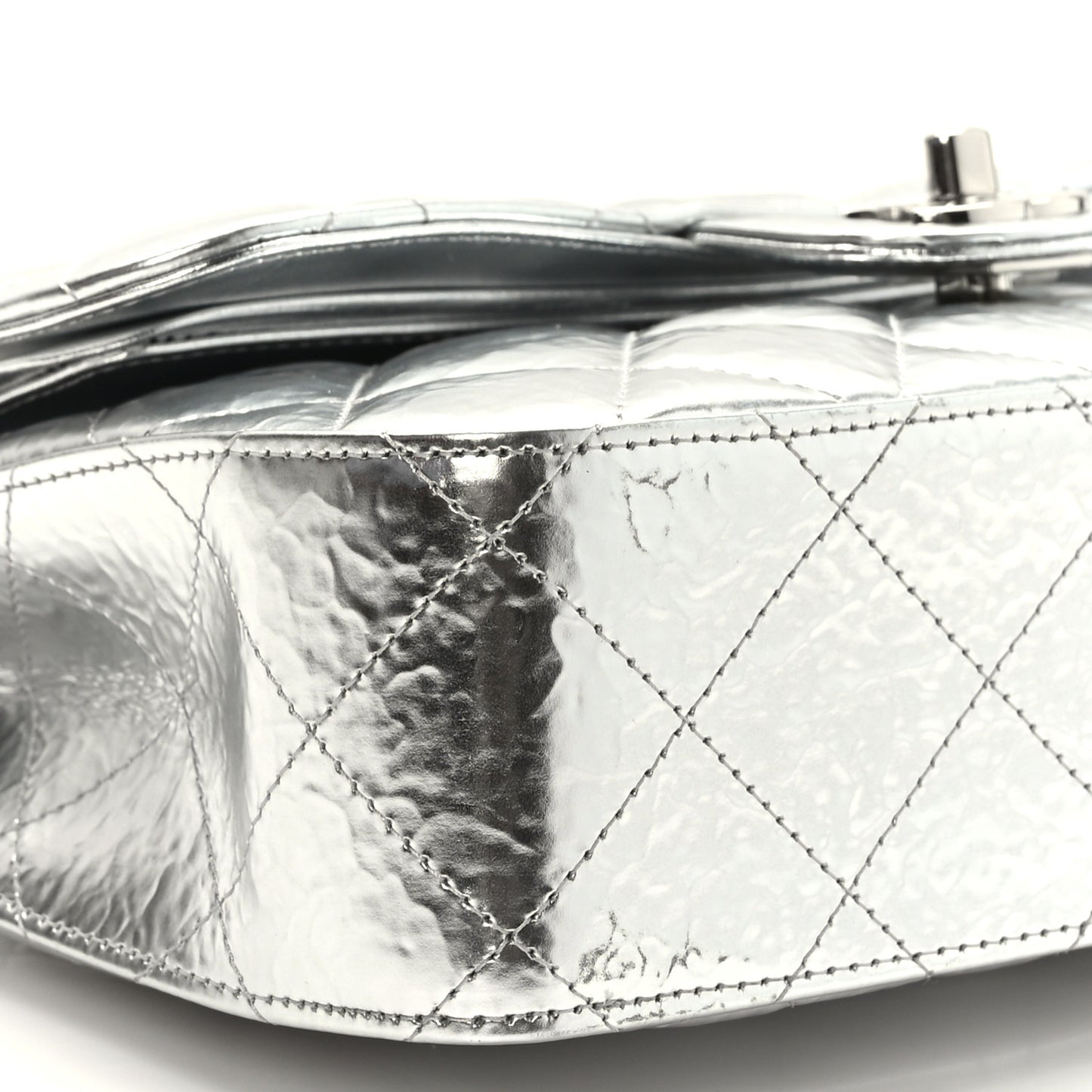 Hammered Metallic Calfskin Quilted Small Double Flap Silver