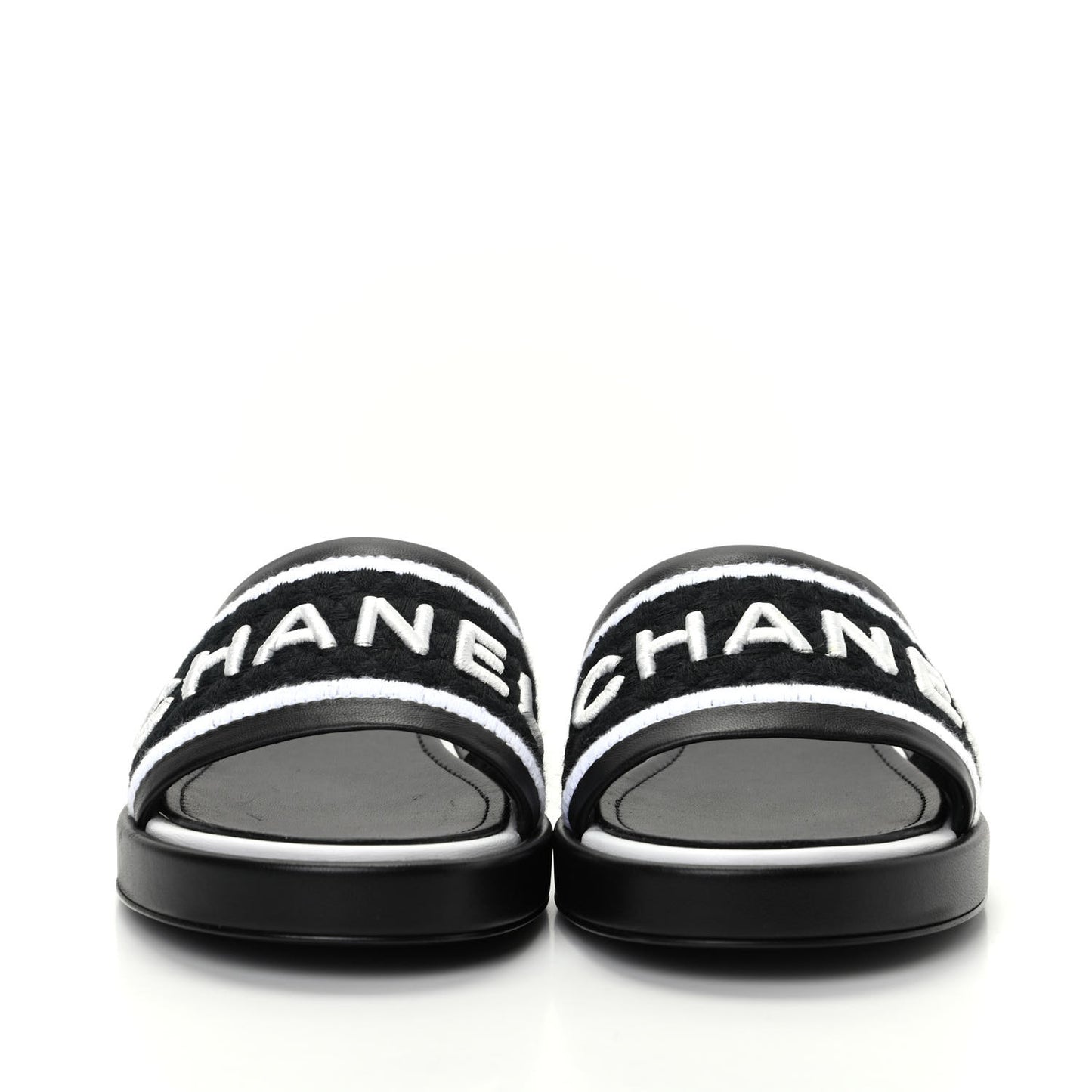 Lambskin Embroidered CC Mule Sandal 39 Black White