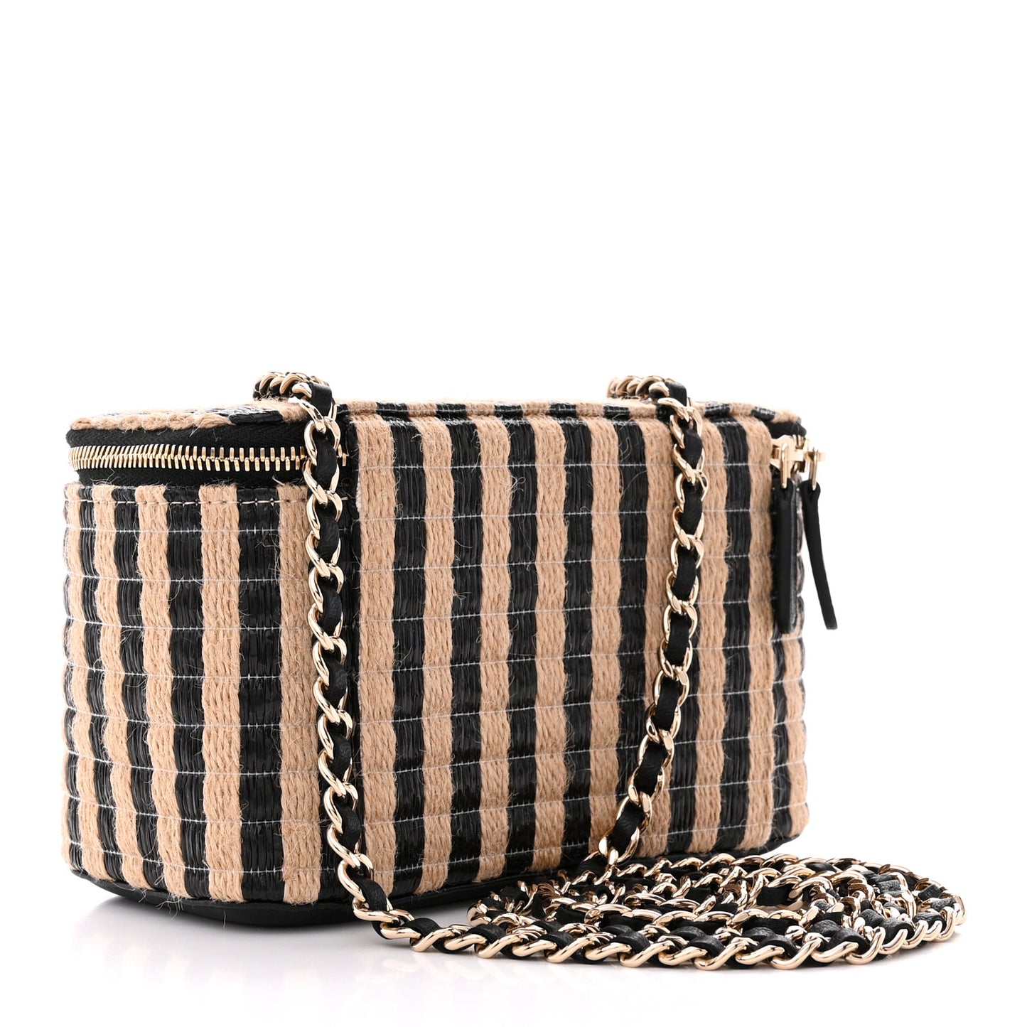 Raffia Jute Striped Small Vanity Case With Chain Black Beige