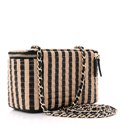 Chanel Raffia Jute Striped Small Vanity Case With Chain Black Beige 3 of 10