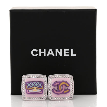Chanel Metal Resin Crystal CC Square Earrings White Pink Multicolor 5 of 5