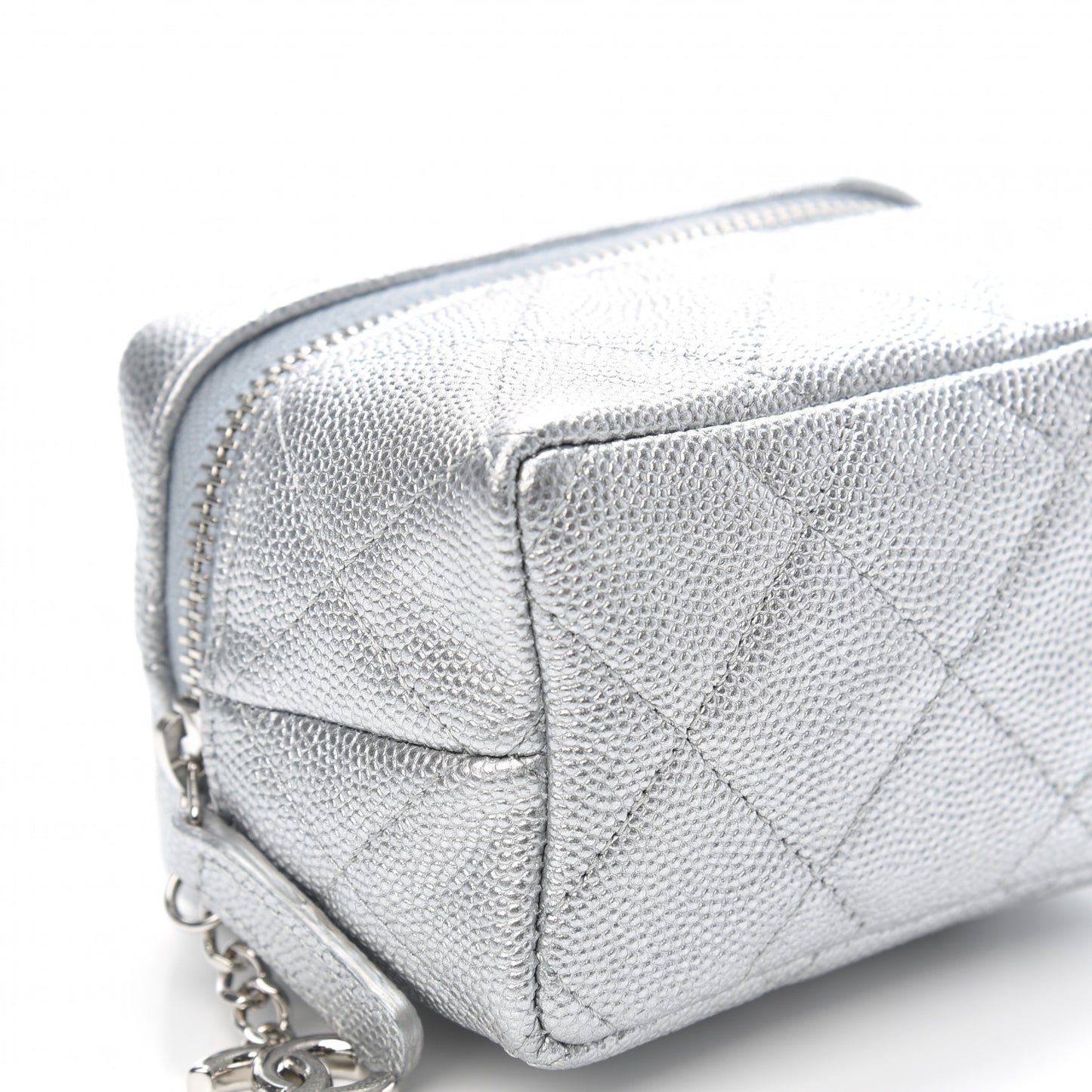 Metallic Caviar Quilted Mini Top Handle Vanity With Chain Silver