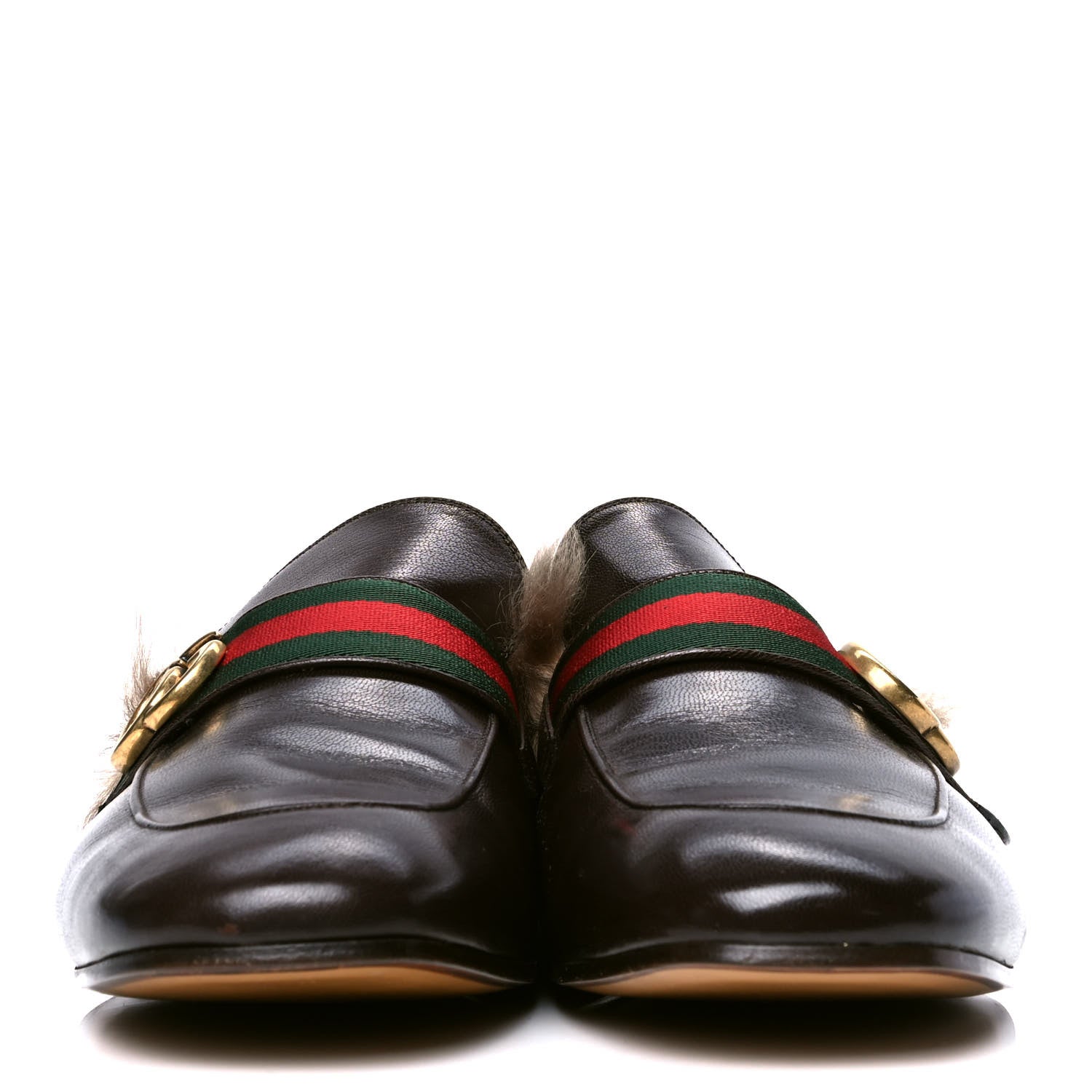 Gucci Calfskin Fur Web GG Mens Princetown Slippers 11 Cocoa 2 of 5