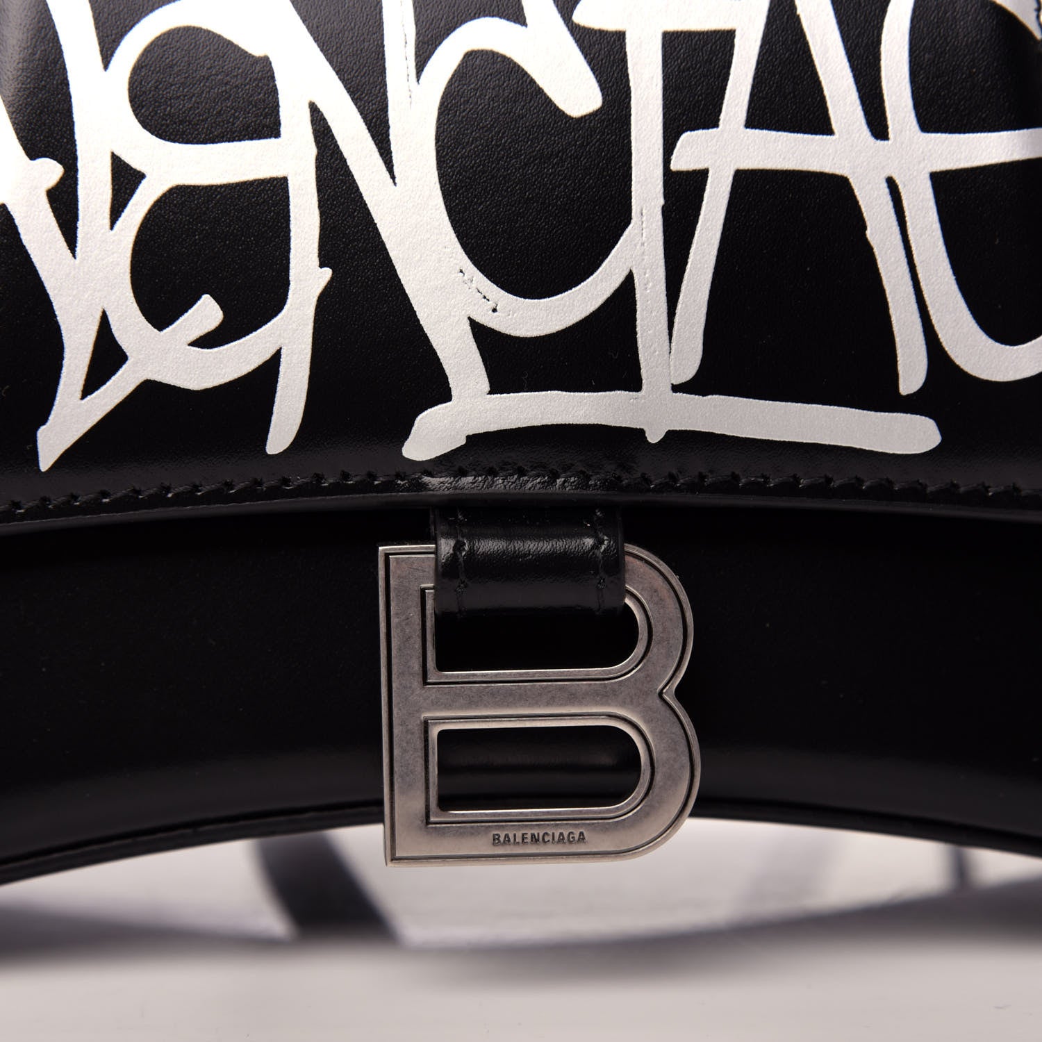 Balenciaga Shiny Box Calfskin Graffiti Logo Small Hourglass Top Handle Bag Black Silver 10 of 10