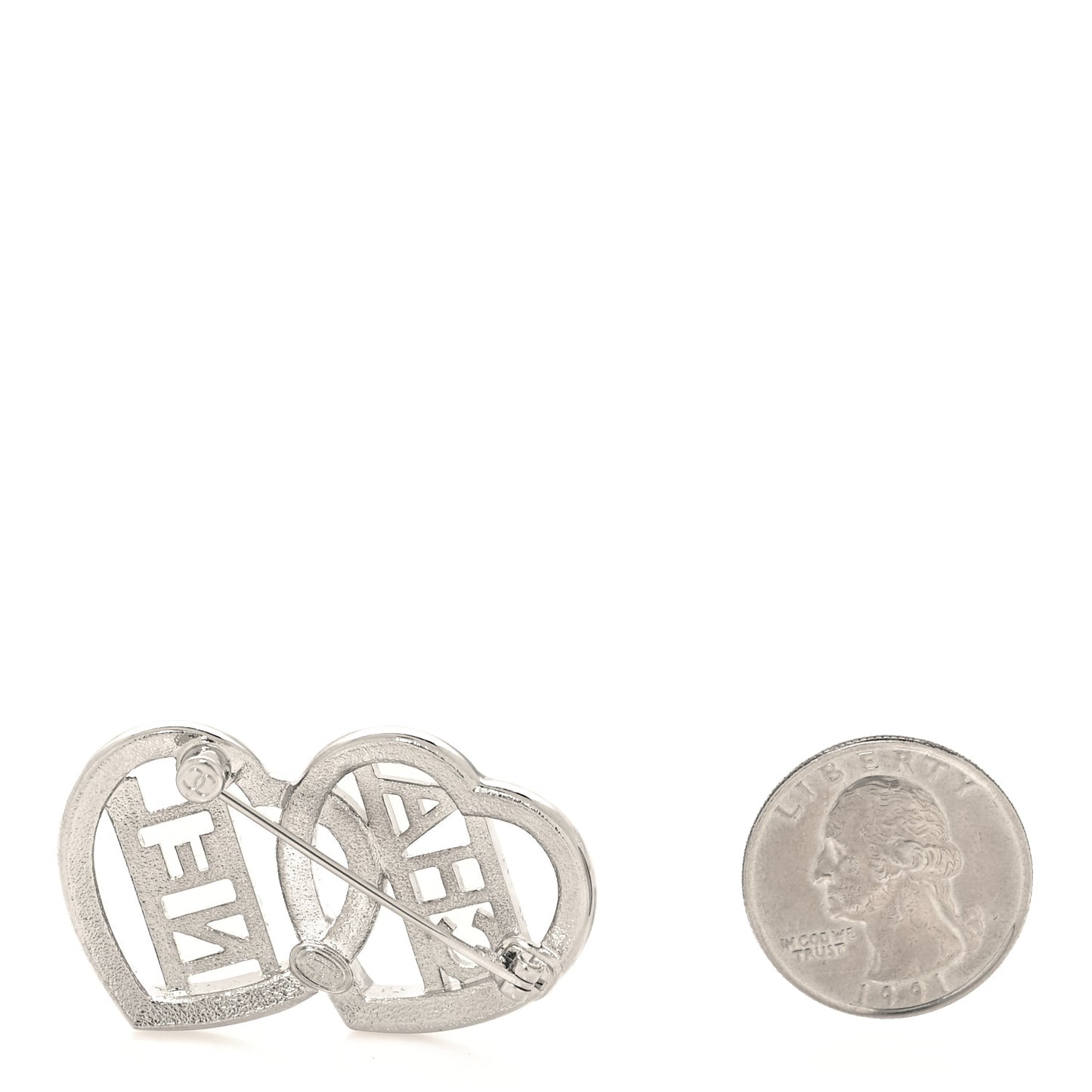 Crystal Double Heart Logo Brooch Silver