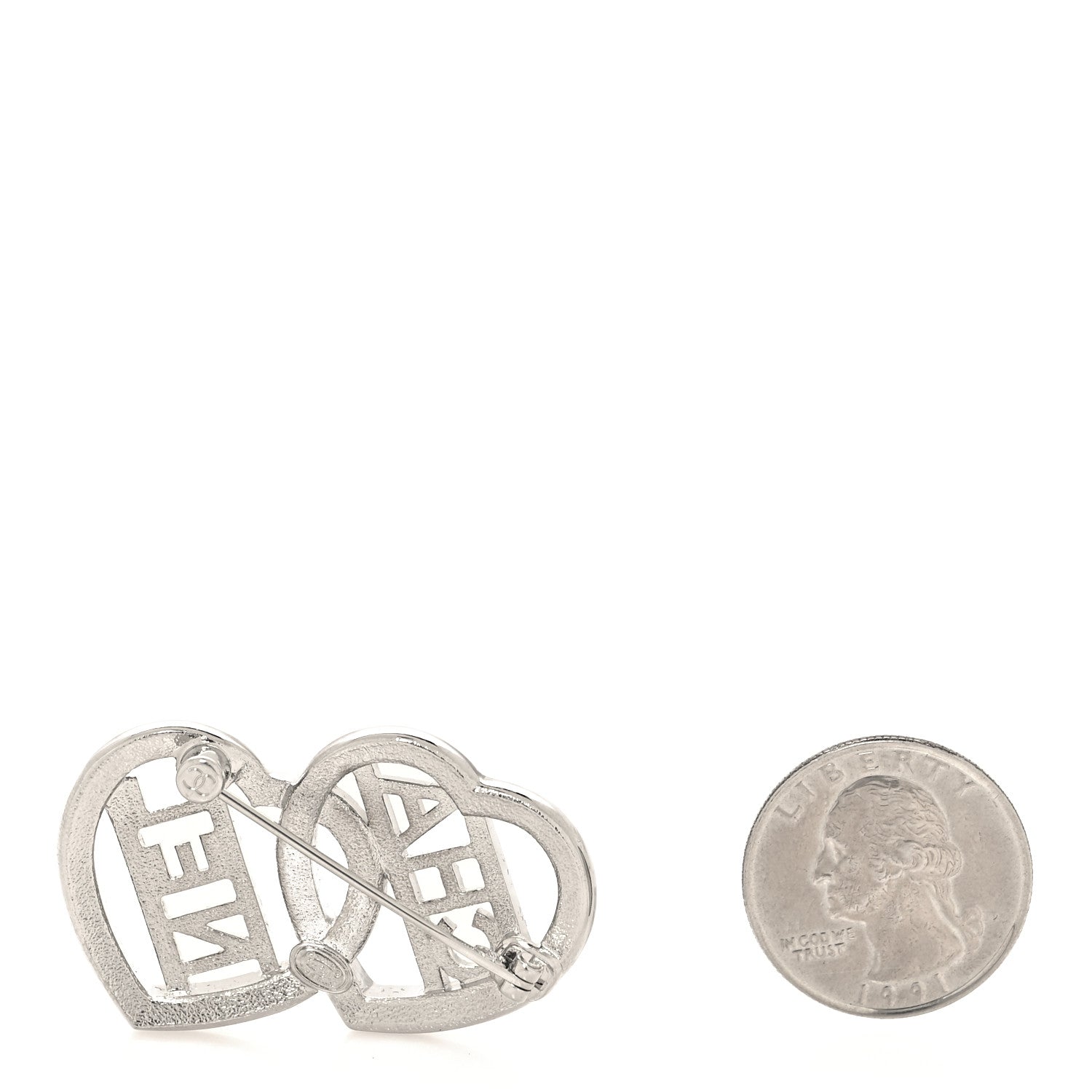 Chanel Crystal Double Heart Logo Brooch Silver 2 of 3