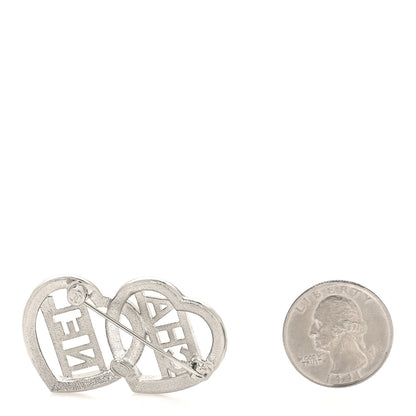 Chanel Crystal Double Heart Logo Brooch Silver 2 of 3