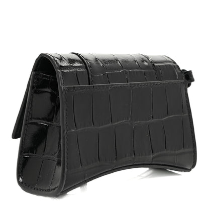 Balenciaga Shiny Calfskin Monochrome Crocodile Embossed Hourglass Chain Cardholder Black 3 of 12