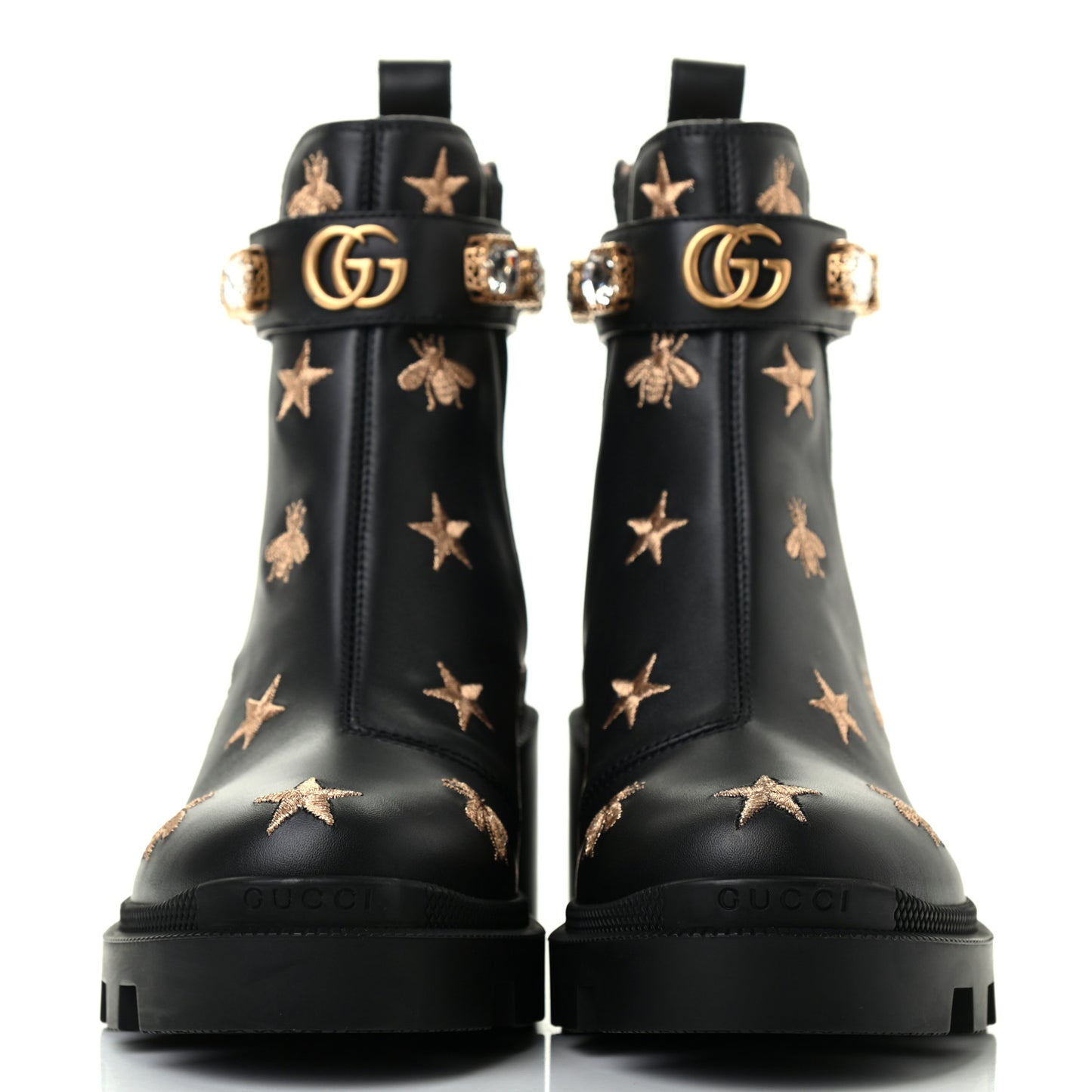 Calfskin Bee Star Embroidered Belt Ankle Boots 36 Black