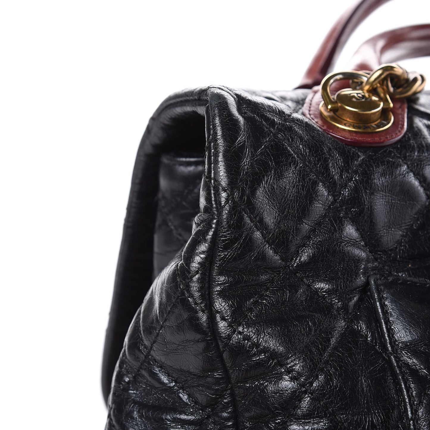 Glazed Calfskin Castle Rock Large Flap Black Burgundy