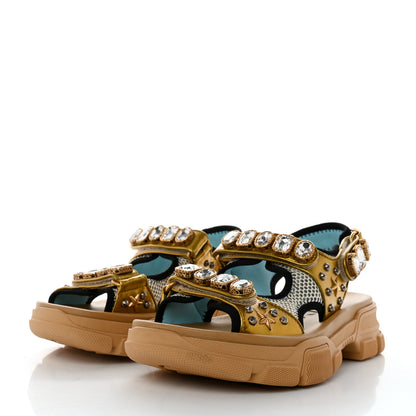 Gucci Silk Calfskin Mesh Crystal Embellished Studded Womens Aguru Sandals 38 Gold 3 of 8