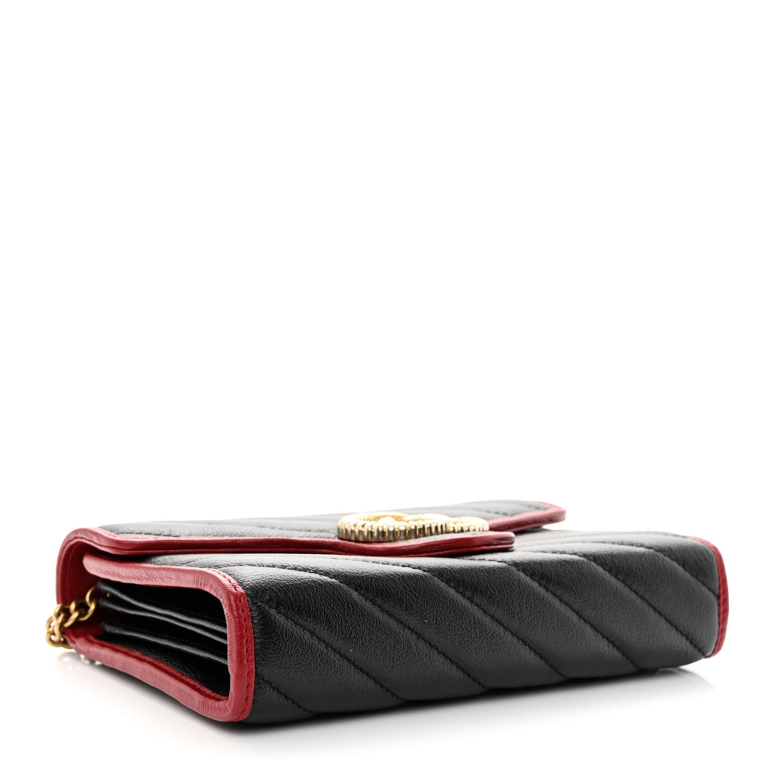 Gucci Vintage Effect Calfskin Matelasse Diagonal Torchon GG Marmont Chain Wallet Black Romantic Cherry 4 of 12