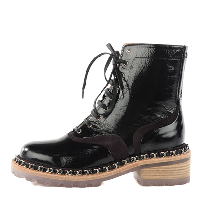 Chanel Patent Calfskin Chain Around Lace Up Boots 35.5 Black 1 of 8