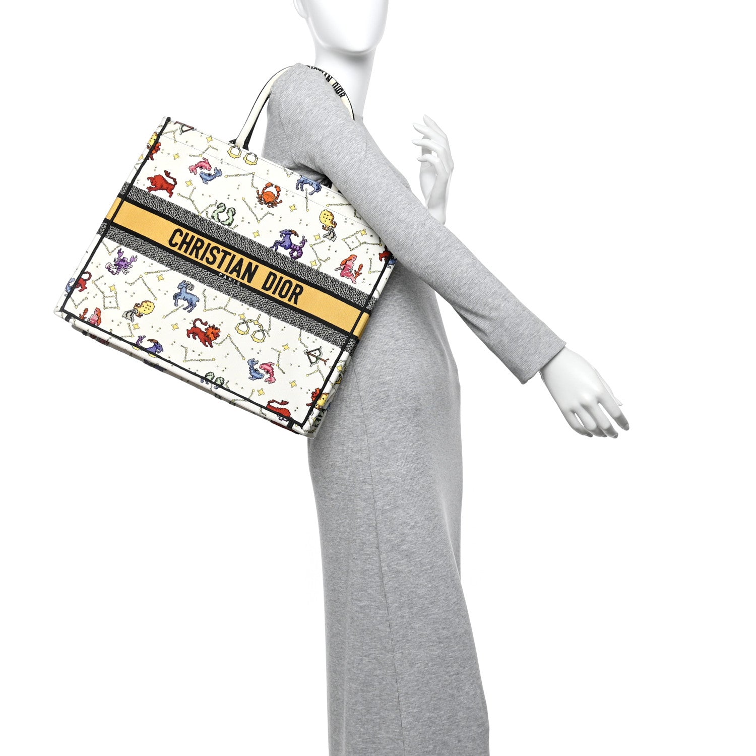 Christian Dior Canvas Embroidered Large Pixel Zodiac Book Tote Latte Multicolor 2 of 10
