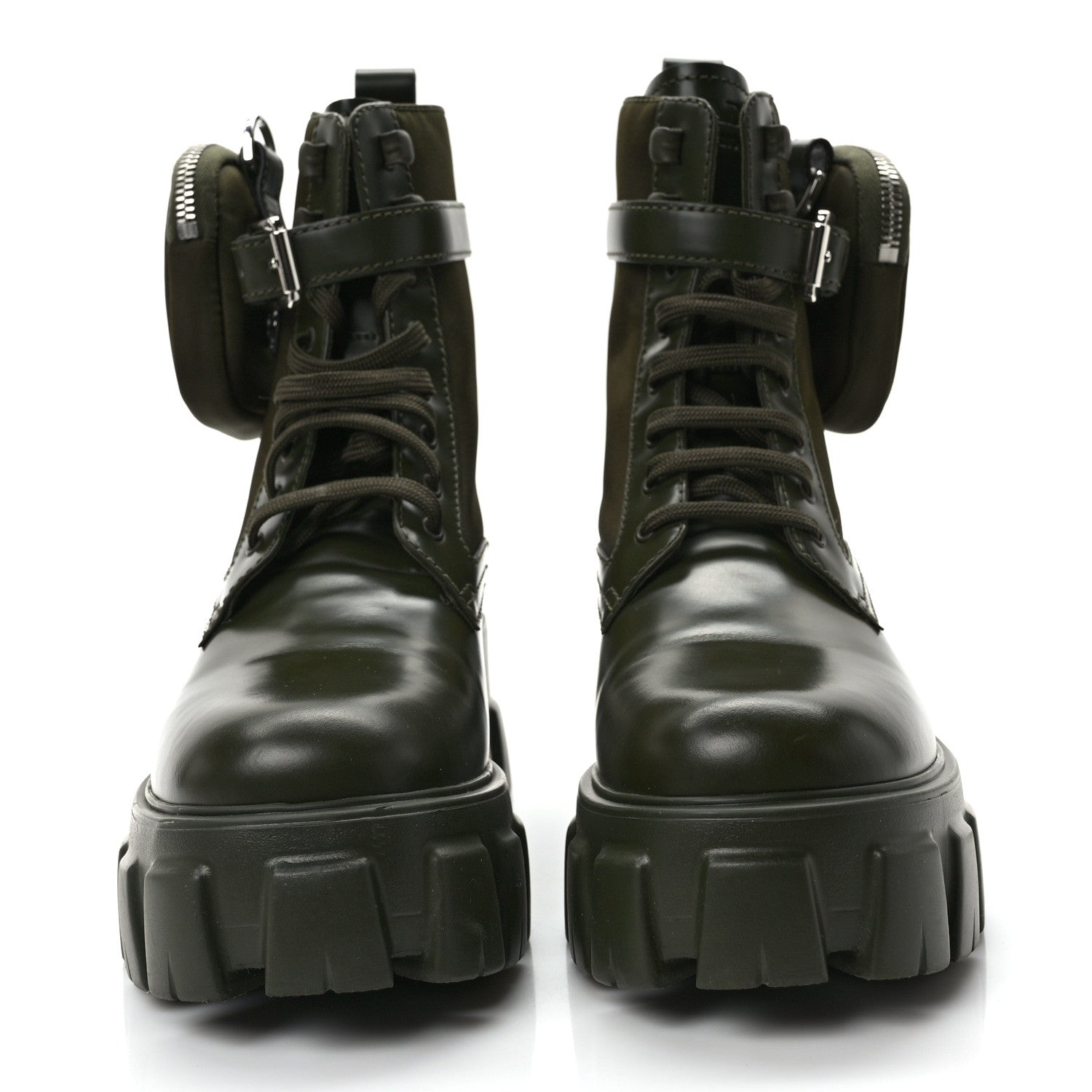 Prada Spazzolato Rois Re-Nylon Metal Triangle Logo Monolith Pouch Pocket 55mm Boots 38 Militare 2 of 9